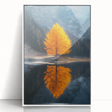 Minimalist Mountain Scene Art – Golden Tree & Lake Reflection Print