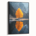 Minimalist Mountain Scene Art – Golden Tree & Lake Reflection Print