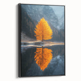 Minimalist Mountain Scene Art – Golden Tree & Lake Reflection Print