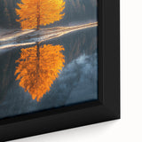 Minimalist Mountain Scene Art – Golden Tree & Lake Reflection Print