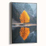 Minimalist Mountain Scene Art – Golden Tree & Lake Reflection Print