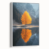 Minimalist Mountain Scene Art – Golden Tree & Lake Reflection Print