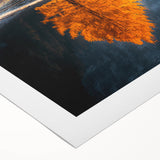 Minimalist Mountain Scene Art – Golden Tree & Lake Reflection Print