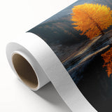 Minimalist Mountain Scene Art – Golden Tree & Lake Reflection Print