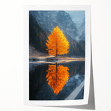 Minimalist Mountain Scene Art – Golden Tree & Lake Reflection Print