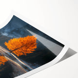 Minimalist Mountain Scene Art – Golden Tree & Lake Reflection Print