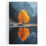 Minimalist Mountain Scene Art – Golden Tree & Lake Reflection Print