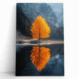 Minimalist Mountain Scene Art – Golden Tree & Lake Reflection Print