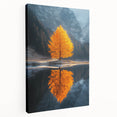 Minimalist Mountain Scene Art – Golden Tree & Lake Reflection Print