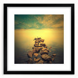 Abstract Minimalist Landscape Paintings – Golden Horizon Rock Path