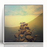 Abstract Minimalist Landscape Paintings – Golden Horizon Rock Path
