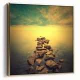 Abstract Minimalist Landscape Paintings – Golden Horizon Rock Path