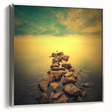 Abstract Minimalist Landscape Paintings – Golden Horizon Rock Path