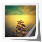 Abstract Minimalist Landscape Paintings – Golden Horizon Rock Path