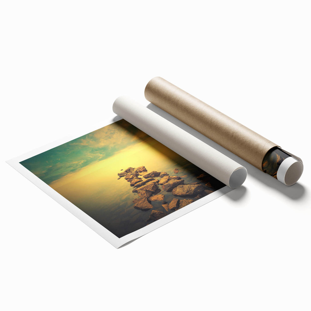 Abstract Minimalist Landscape Paintings – Golden Horizon Rock Path