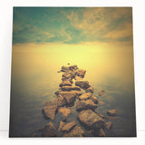 Abstract Minimalist Landscape Paintings – Golden Horizon Rock Path