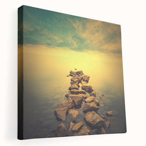 Abstract Minimalist Landscape Paintings – Golden Horizon Rock Path