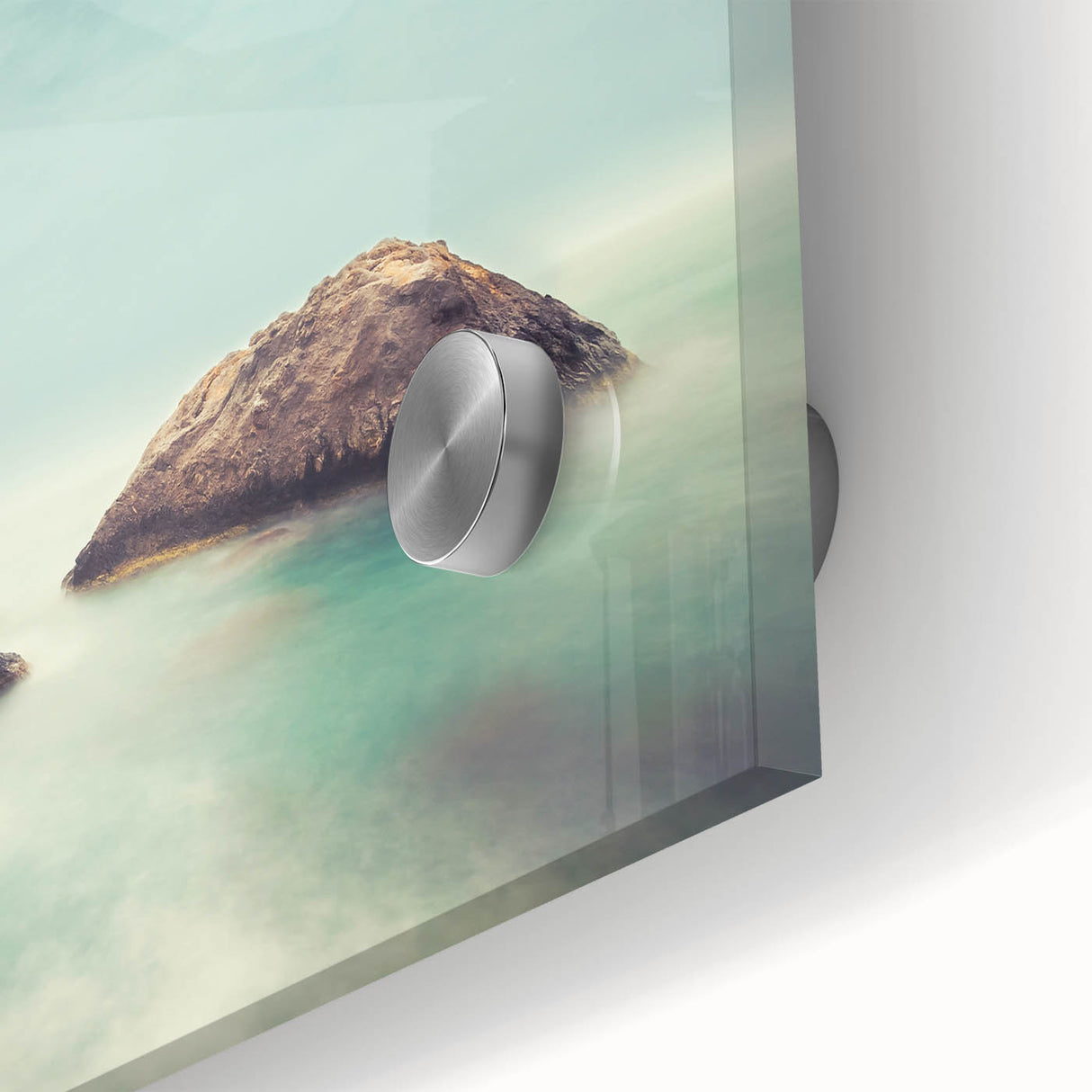 Minimalist Coastal Landscape Art – Misty Rock Island Ocean Scene