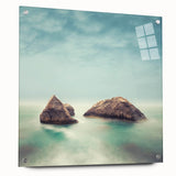 Minimalist Coastal Landscape Art – Misty Rock Island Ocean Scene