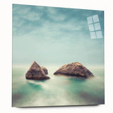 Minimalist Coastal Landscape Art – Misty Rock Island Ocean Scene