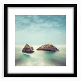 Minimalist Coastal Landscape Art – Misty Rock Island Ocean Scene