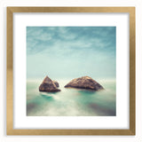 Minimalist Coastal Landscape Art – Misty Rock Island Ocean Scene