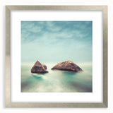 Minimalist Coastal Landscape Art – Misty Rock Island Ocean Scene