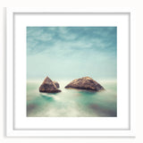 Minimalist Coastal Landscape Art – Misty Rock Island Ocean Scene