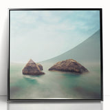 Minimalist Coastal Landscape Art – Misty Rock Island Ocean Scene