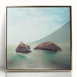 Minimalist Coastal Landscape Art – Misty Rock Island Ocean Scene