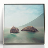 Minimalist Coastal Landscape Art – Misty Rock Island Ocean Scene