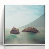 Minimalist Coastal Landscape Art – Misty Rock Island Ocean Scene
