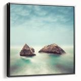 Minimalist Coastal Landscape Art – Misty Rock Island Ocean Scene