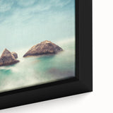 Minimalist Coastal Landscape Art – Misty Rock Island Ocean Scene