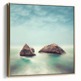 Minimalist Coastal Landscape Art – Misty Rock Island Ocean Scene