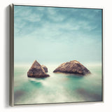 Minimalist Coastal Landscape Art – Misty Rock Island Ocean Scene