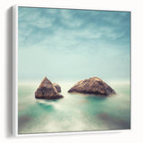 Minimalist Coastal Landscape Art – Misty Rock Island Ocean Scene