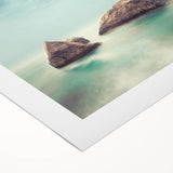 Minimalist Coastal Landscape Art – Misty Rock Island Ocean Scene