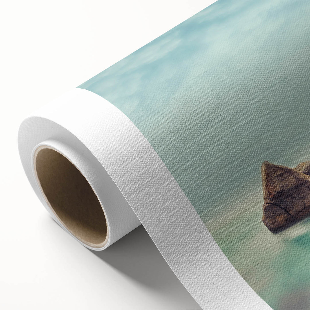 Minimalist Coastal Landscape Art – Misty Rock Island Ocean Scene