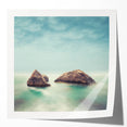 Minimalist Coastal Landscape Art – Misty Rock Island Ocean Scene