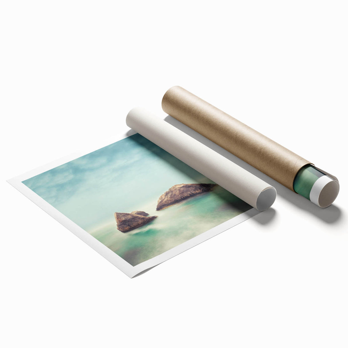Minimalist Coastal Landscape Art – Misty Rock Island Ocean Scene
