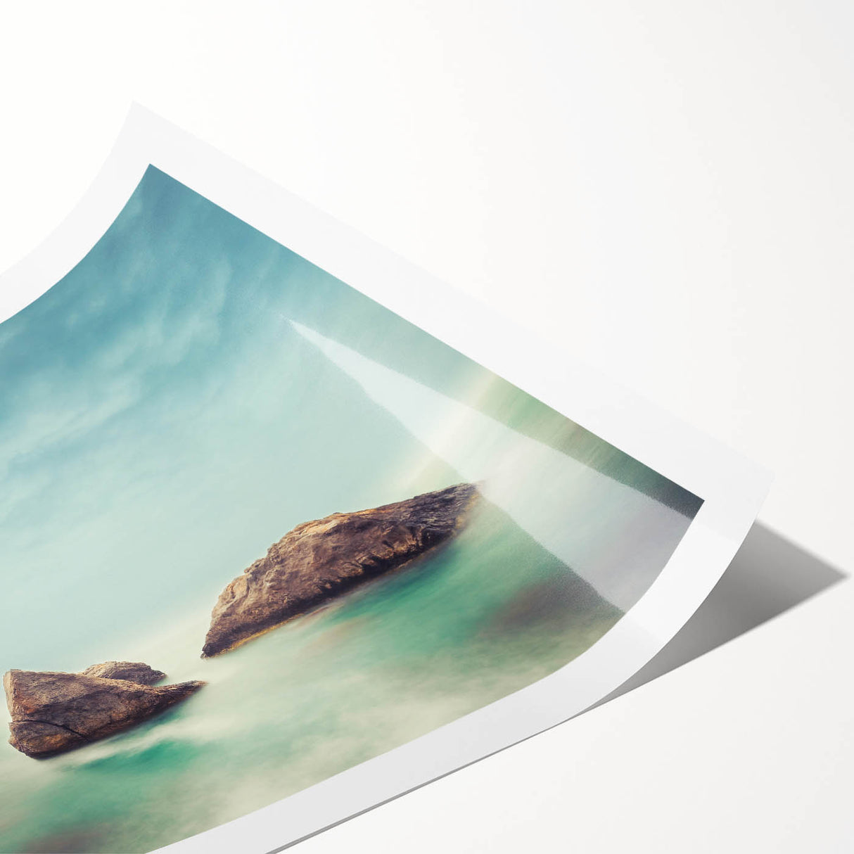 Minimalist Coastal Landscape Art – Misty Rock Island Ocean Scene