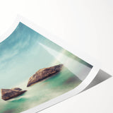 Minimalist Coastal Landscape Art – Misty Rock Island Ocean Scene