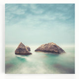 Minimalist Coastal Landscape Art – Misty Rock Island Ocean Scene