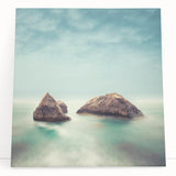 Minimalist Coastal Landscape Art – Misty Rock Island Ocean Scene