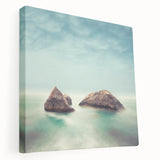 Minimalist Coastal Landscape Art – Misty Rock Island Ocean Scene