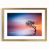 Minimalist Landscape Wall Art – Vibrant Tree at Sunset Water Scene