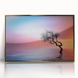 Minimalist Landscape Wall Art – Vibrant Tree at Sunset Water Scene