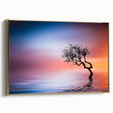 Minimalist Landscape Wall Art – Vibrant Tree at Sunset Water Scene