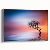 Minimalist Landscape Wall Art – Vibrant Tree at Sunset Water Scene